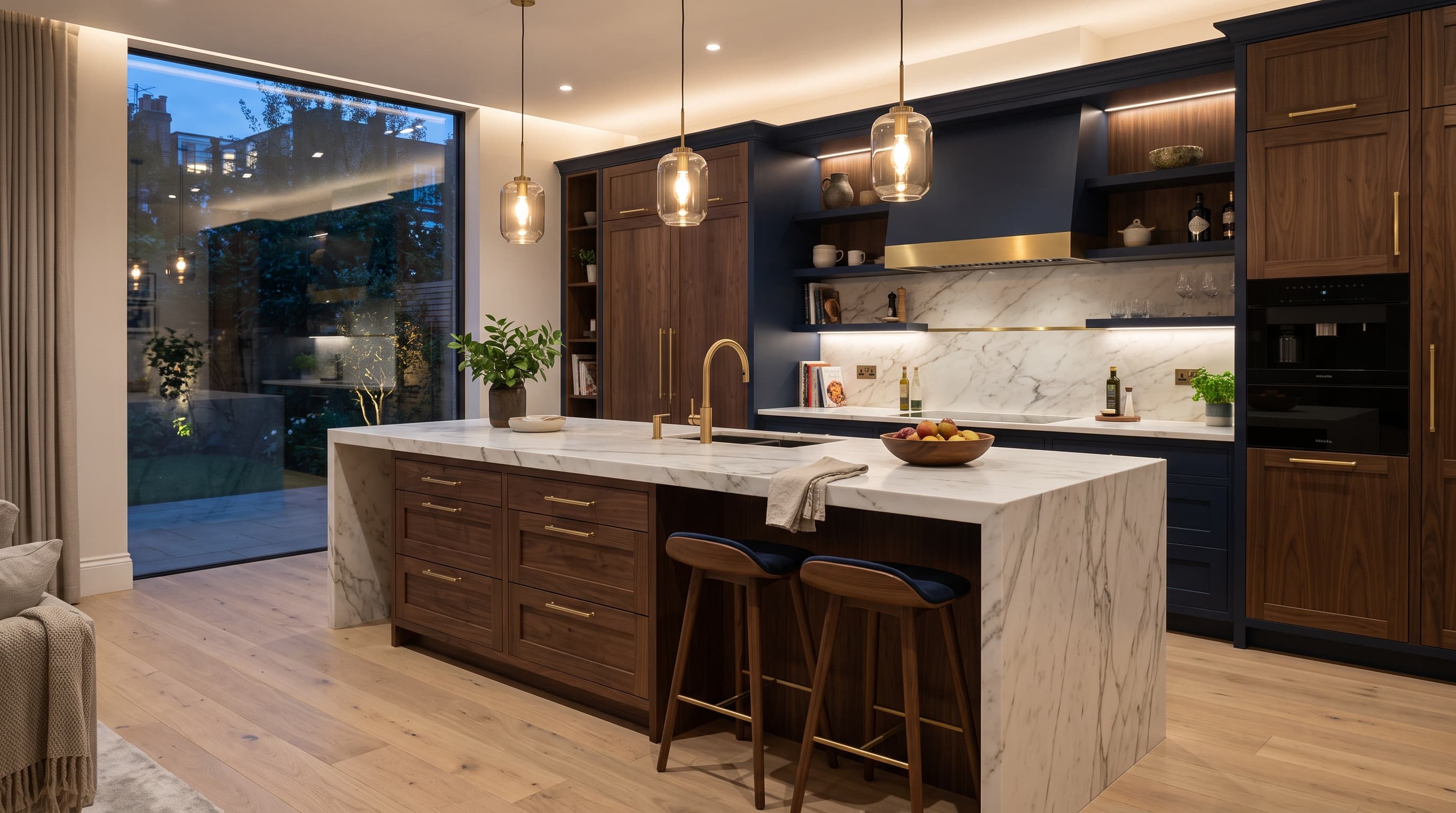 Cuisine de luxe sur-mesure avec îlot central en marbre et façades bois noble